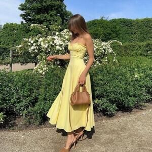 Commense Midi Bustier Strapless Yellow Dress with Front Slit, Size XS